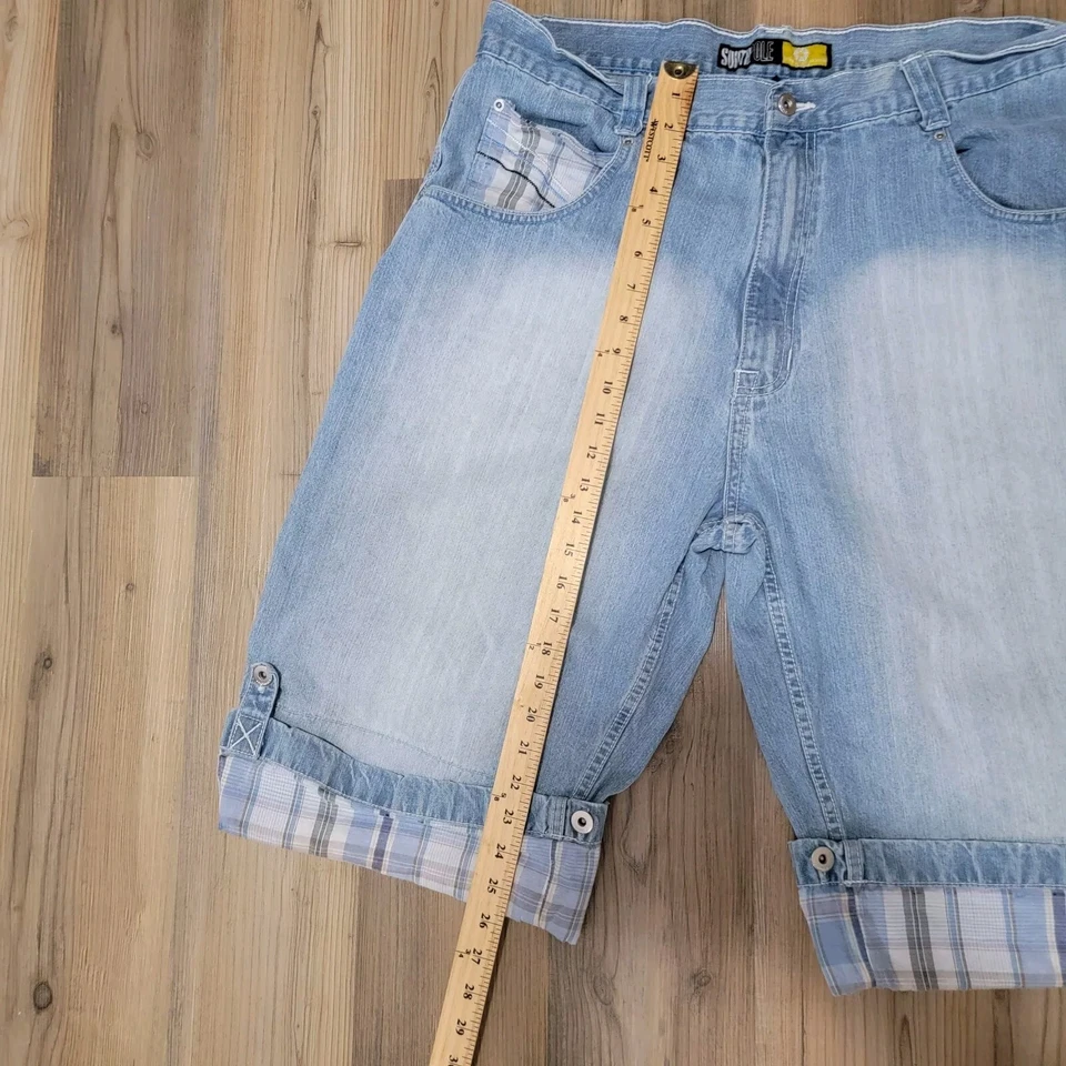 Pantalones Cortos de Jean Southpole Vintage Y2K Para Hombre 40 Sueltos Sueltos A Cuadros Azul Desteñido Foto 3 de 4
