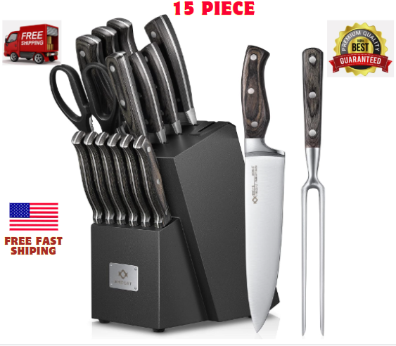 Knife Set, 15-Piece Kitchen Knife Set with Block Wooden German Stainless Steel-image