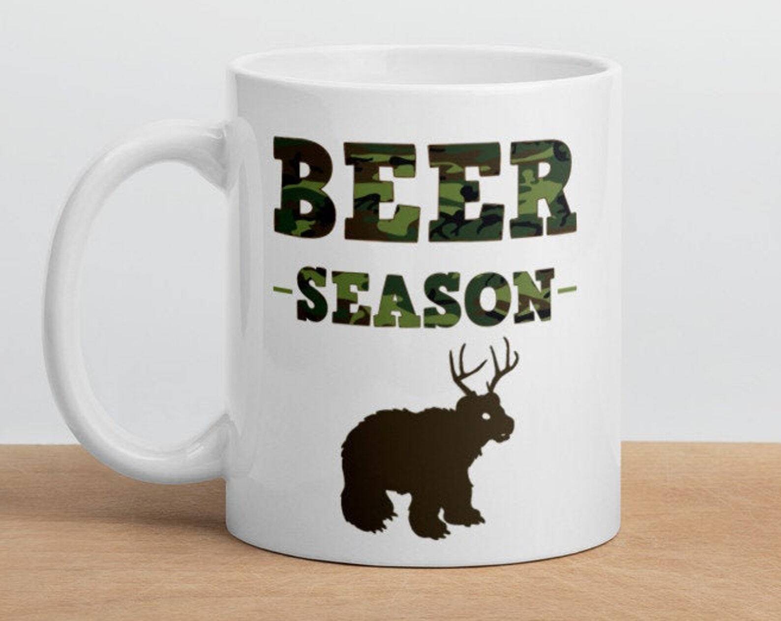 Funny Beer Season Bear Hunting White Glossy Coffee Tea Mug