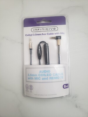 Infinitive Coiled 3.5mm Aux Cable with Built-in Microphon Mic and Remote 6FT New