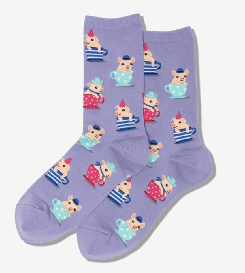 Calcetines de Tripulación de Cerdo de Taza de Té Hot Sox Talla 4-10.5 Cerdo en taza de té Calcetín Lavanda Raro Foto 3 de 3
