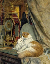Mother Cat and her Kitten with a Bracket Clock Henriëtte Ronner-Knip 11x14 Print