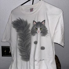 Vtg Jerzees USA Made T-Shirt Fluffy Cat Outline L White Signed Anna Lowwill?