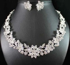 FLORAL CLEAR AUSTRIAN RHINESTONE CRYSTAL NECKLACE EARRINGS SET WED BRIDAL N1770S