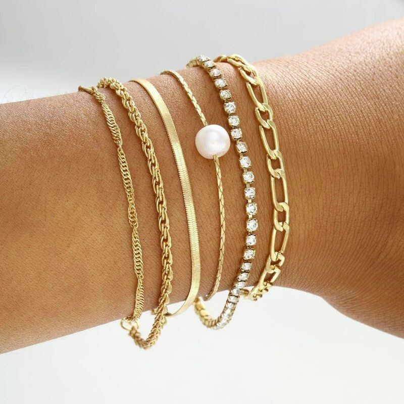 Bangle Bracelet Set Lot of 6 Gold Bracelet Set Women Snake Rope Twisted Pearl-image