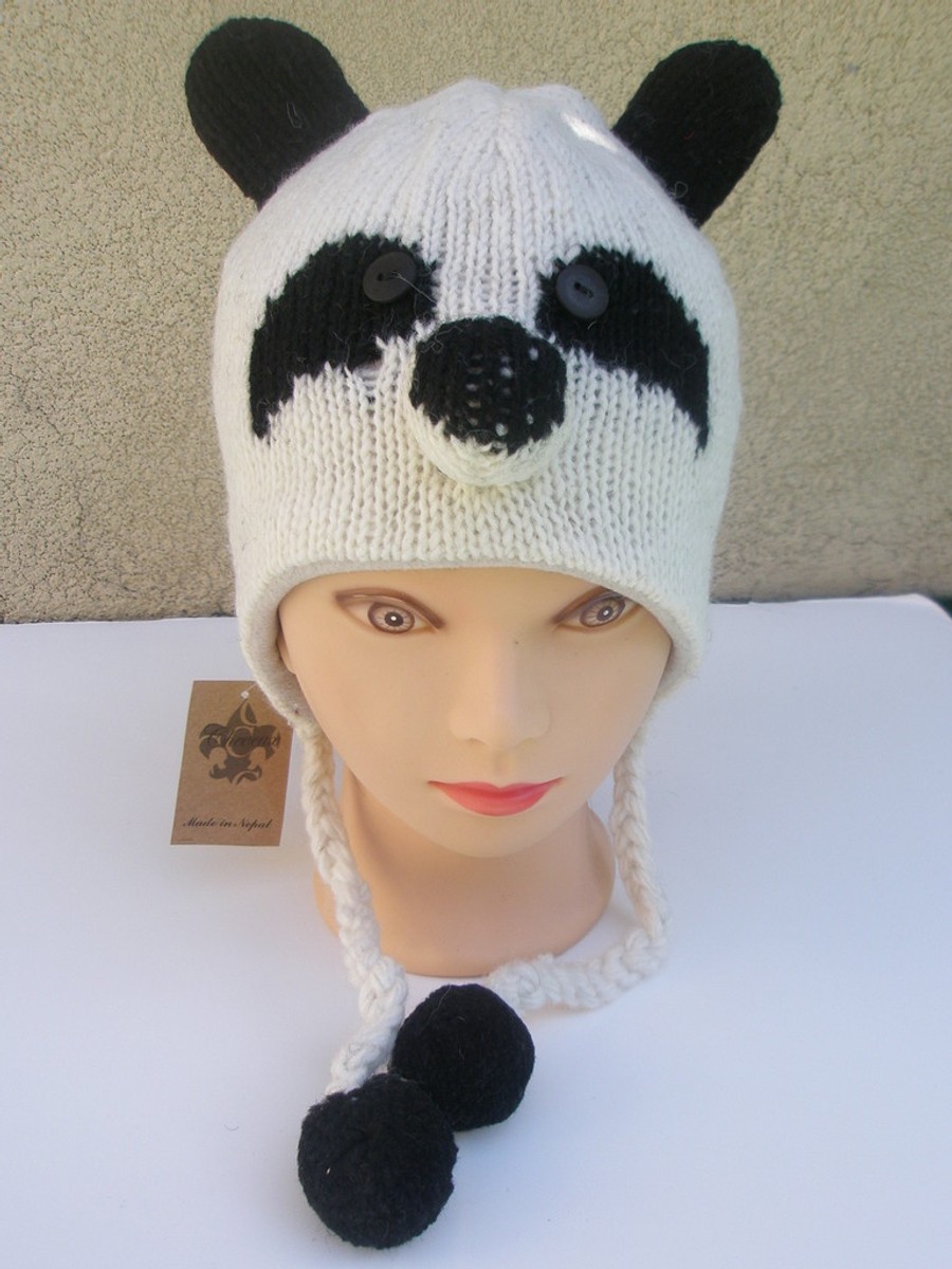 Panda - Hand Knitted Wool Winter Hat - Nepal 100% WOOL NEPAL KNIT Tassel Hat Cap NORDIC LINED PANDA BEAR  main image 2
