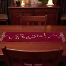 Tis The Season Table Runner Red Holly Embroidered Christmas Holiday Cottagecore