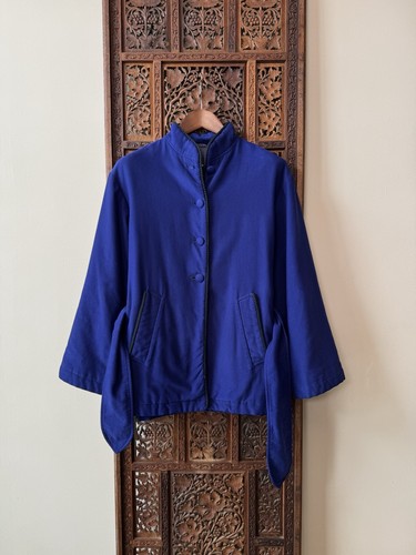 Romeo Gigli, G Gigli Romeo Gigli Blue Belted Coat Jacket Braided Trim Sz S/M Vintage Italy