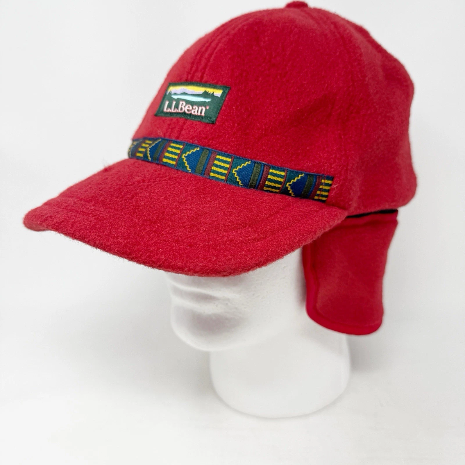 LL Bean Mountain Classic Hat Men's M Red Fleece Aztec Belt Adjustable Ear Flap