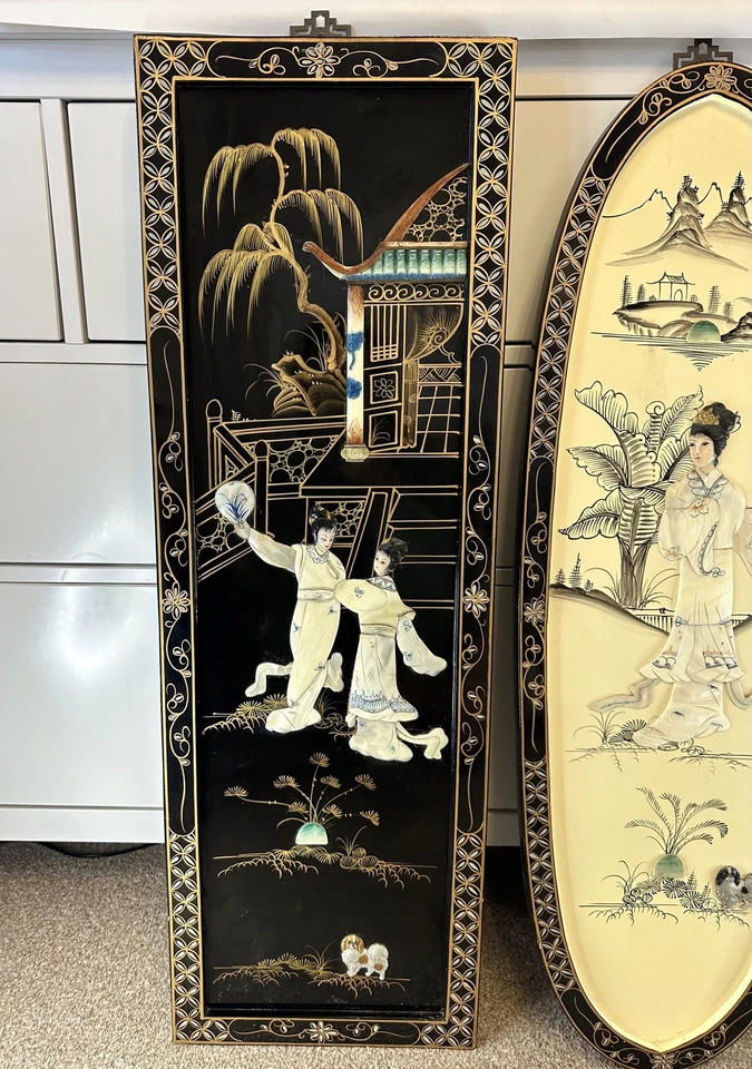 Vintage Set of 3 Wood & Mother of Pearl Wall Panels Japanese Geisha Lacquered - Image 2 of 4