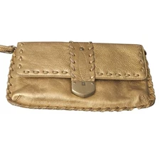 Michael Kors Gold Leather Clutch Wristlet Evening Bag Party Purse