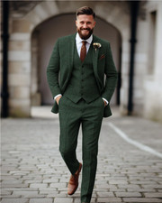 Men Green Wool Herringbone Tweed Vintage Retro Prom Groom Tuxedo Wedding Suit