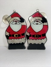 TWO Vtg 7  Inch Santa Claus Sun Catcher Leaded Stained Glass Window Decoration