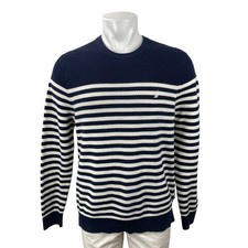 Nautica Men's Navy Blue Striped Logo Crew Neck Long Sleeve Knit Sweater Top L