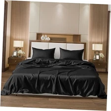  Satin Sheets King Size - 1 Fitted Sheet, 1 Flat Sheet, 4 Pcs King Sheets Black