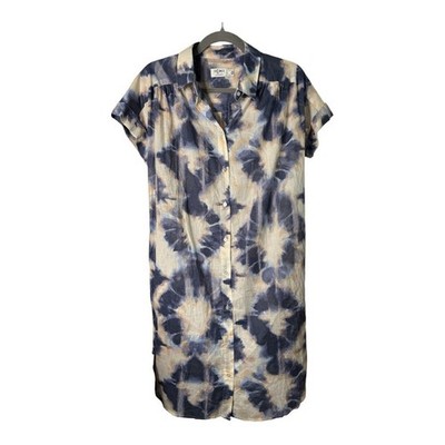 Ichi Studio Blue and Tan Print Short Sleeve Buttoned Front Shirt Dress Sz 34