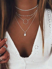 Minimalist Bohemian Layered Chain Necklace Set with Circle and Water Drop Pendan