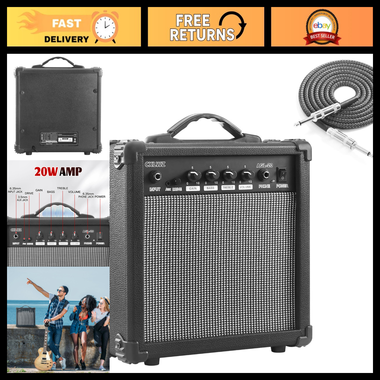 20W Portable Electric Guitar Amplifier with Headphone Input & Noise Reduction Ca