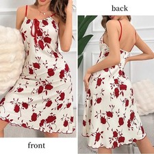 Women Ice Silk Printed Nightgown Sleeveless Ribbed Backless Long Sleep Dress