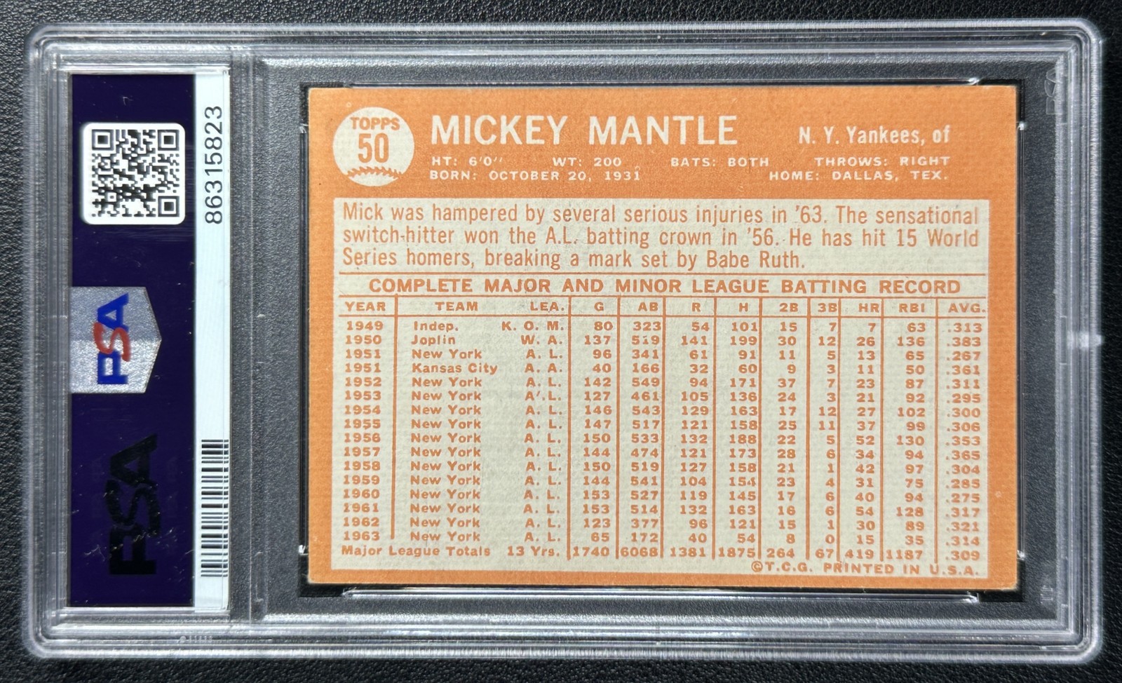MICKEY MANTLE PSA 4 1966 TOPPS #50 YANKEES 5823 view 2