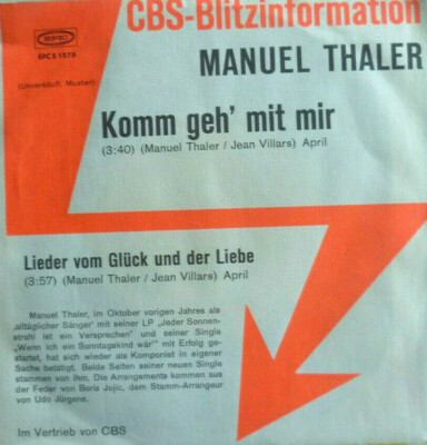 7'' 1973 GERMAN CBS BLITZ PROMO IN VG+++ ! MANUEL THALER : Komm geh mit mir
