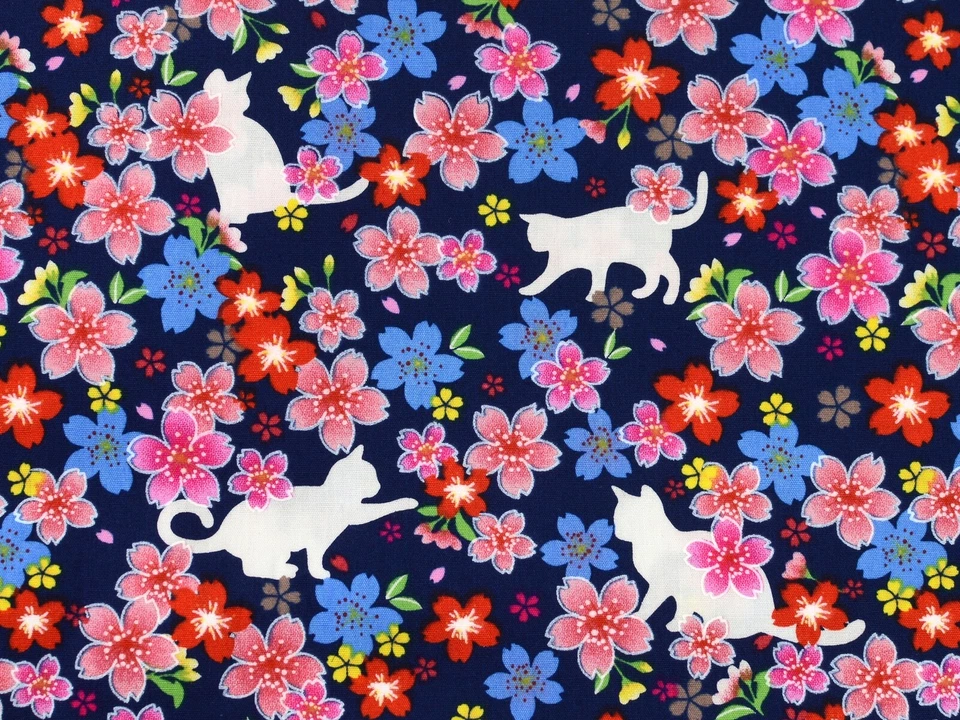 Cats & Cherry Blossom On Blue 100% Cotton Fat Quarter Fabric Quilting FQ #0180 - image 2 of 4