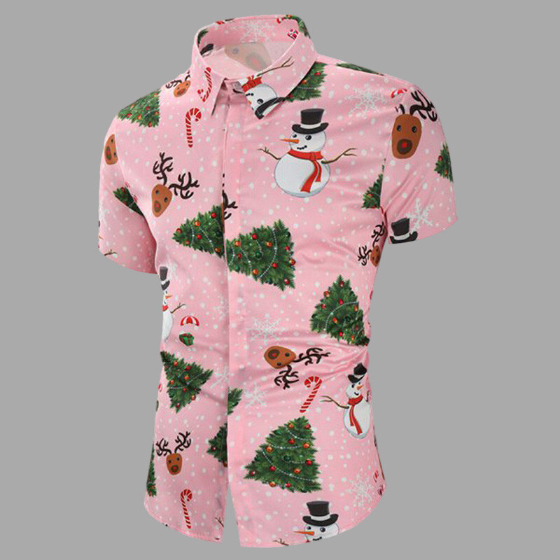 Mens Tops Button Down Christmas Shirt Men Slim Fit Short Sleeve