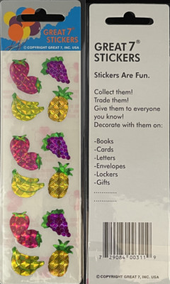 12 packages of Prismatic Fruit Stickers, ''Great 7'' Sticker Designs, PPZ5102