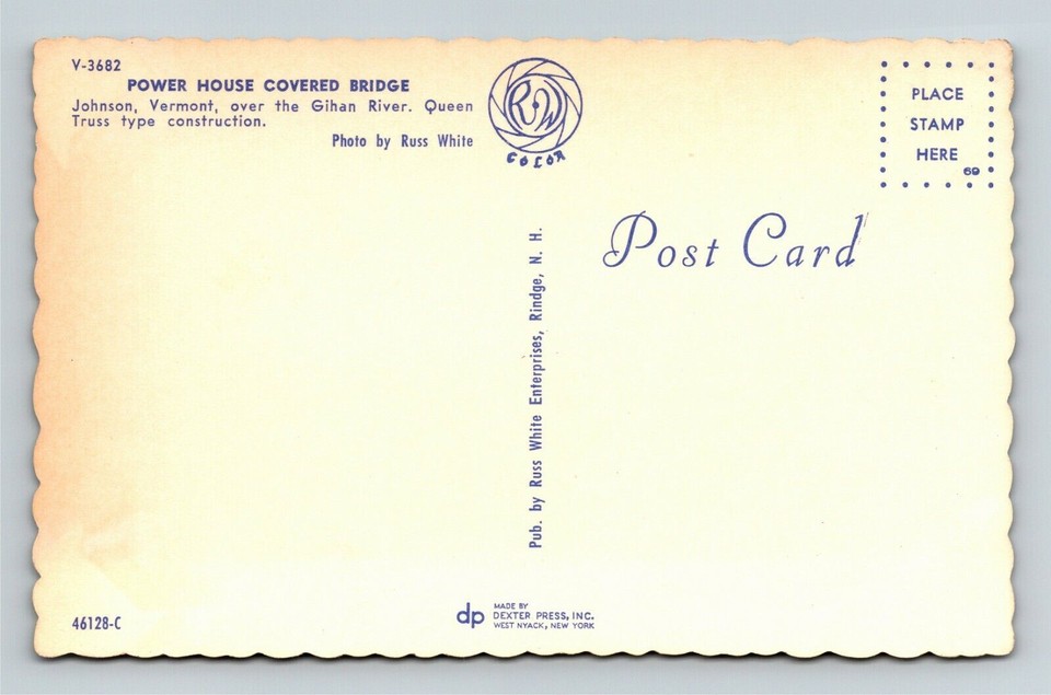 Johnson VT, Power House Covered Bridge, Vermont Vintage Postcard eBay