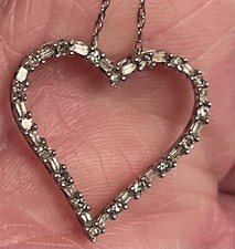 10k White Gold Diamond Heart Shaped Pendant Necklace. Baguette  Round Diamonds