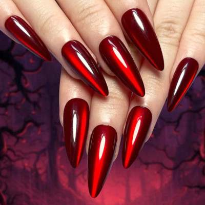 STILETTO LONG TEARDROP *RED CAT EYE* Full Cover 24 Nails Press On Glue Set!