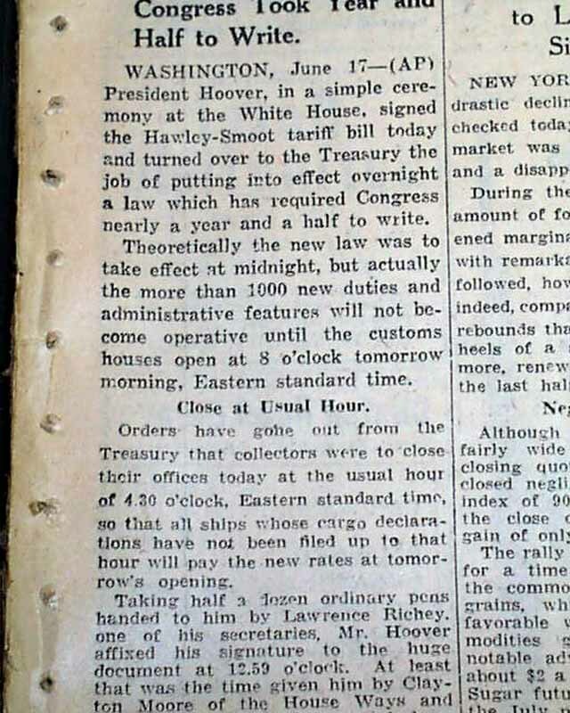 Smoot Hawley Tariff Act President Herbert Hoover Signs into Law 1930