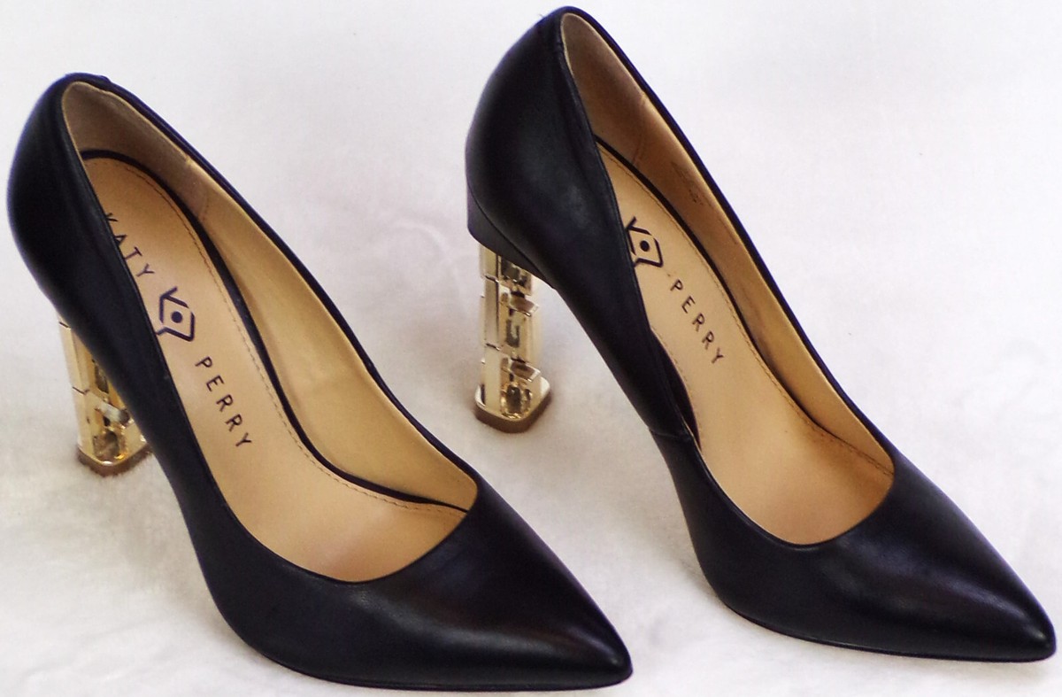 KATY PERRY size black ultra-high-heel point-toe pumps gold chain-link  heels