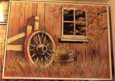 J. Walker Painting 41x31 Inch Canvas Mid Century Wagon Wheel Window Tree Barn US