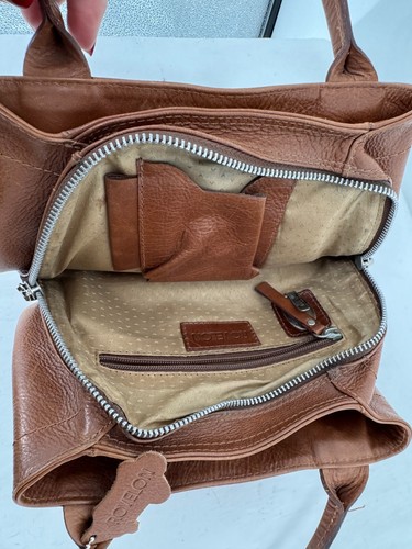 VTG Rovelon Luxury Cognac Tan Brown Leather Zips Small Tote Bag Handbag Purse - Picture 7 of 19