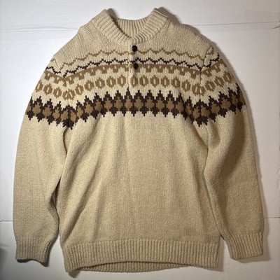 L.L. Bean Sweater Mens Large Tan Lambswool Fair Isle Henley Mock Neck Pullover