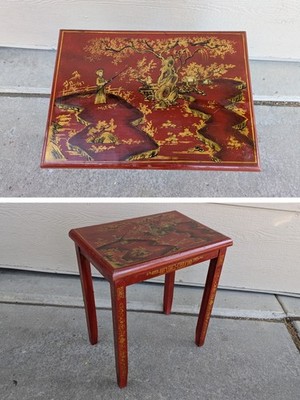 Vintage Asian Chinoiserie Hand Painted Red Lacquered Wood Table