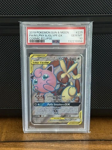 2019 POKEMON COSMIC ECLIPSE #225 FULL ART/MEGA LOPUNNY & JIGGLYPUFF GX PSA 10