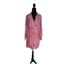 Michael Kors Faux Wrap Dress Side Tie Zebra Print Red & White Long Sleeve Large