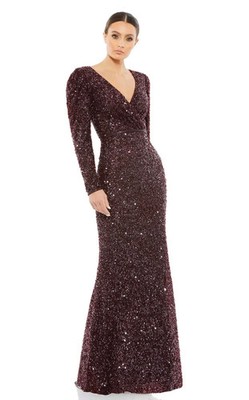 Mac Duggal Mahogany Sequin Puff Sleeve Beaded Waist Wrap Gown Size 16 $398