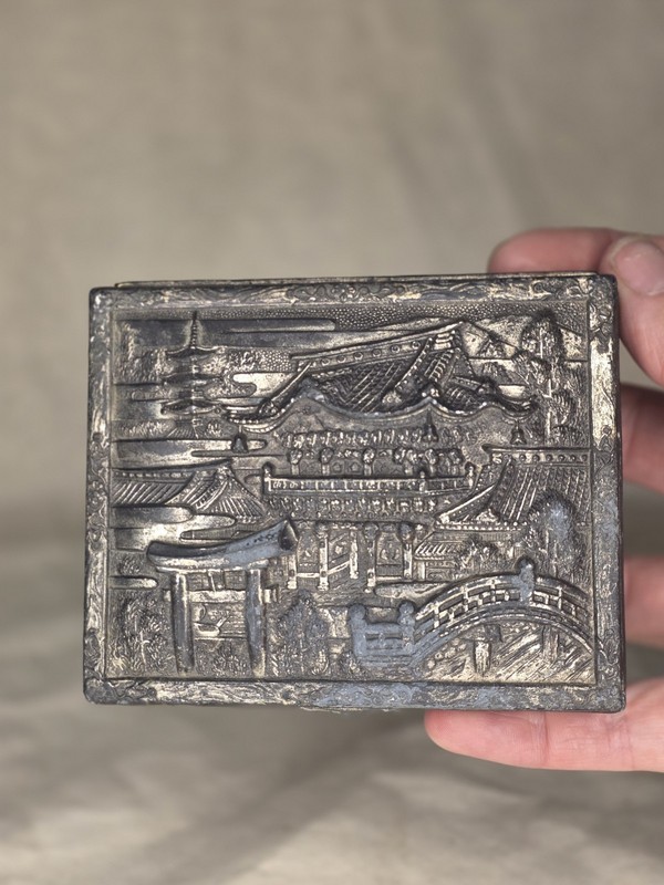 Antique Japanese Cigarette Box with Pagoda Scene - Silvered Copper 