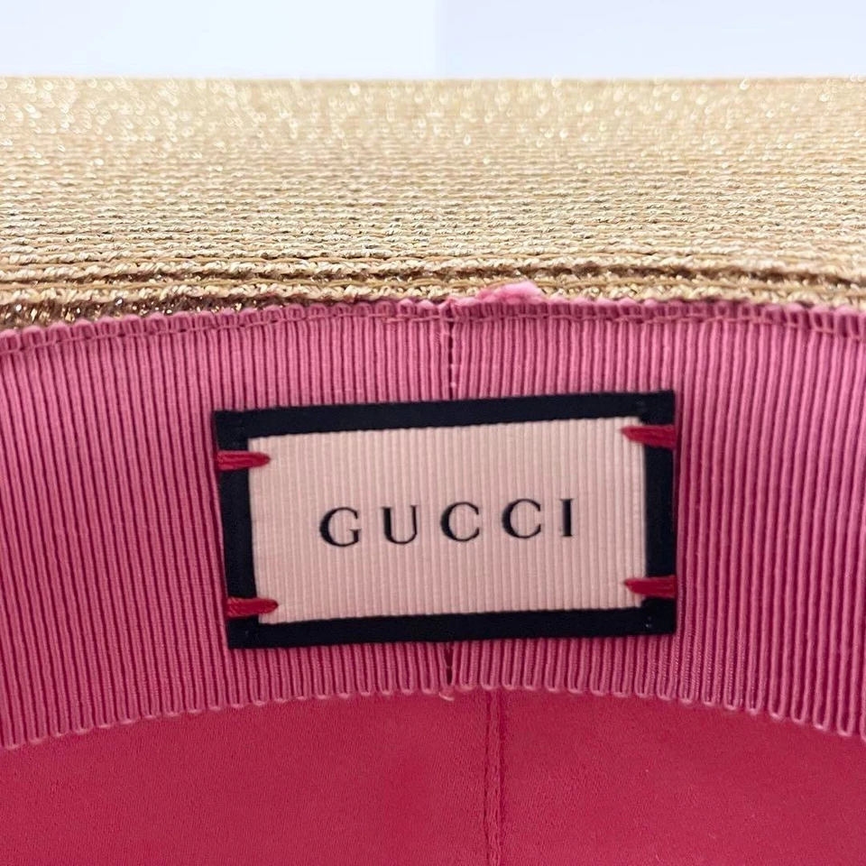 GUCCI Sombrero de Navegante de Tela Dorada Motivo de Cinta de Abeja Talla M 57 cm Estilo Paja Parte Superior Plana Foto 3 de 4