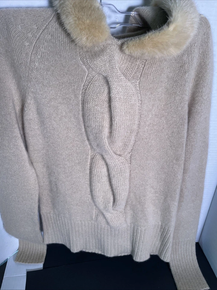 Saks Fifth Avenue 女孩棕褐色羊绒毛衣毛皮装饰独特小缺陷 — 第 3/4 张图片