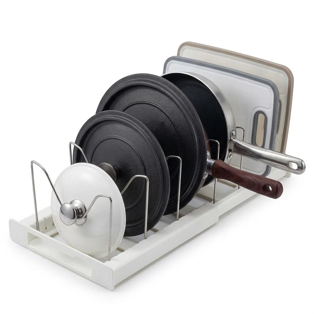 Expandable Pots and Pans Organizer Rack Under Cabinet, 12"-22" Adjustable Lid...