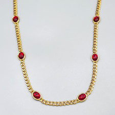 New w/ Tag Vintage Napier Red Cabochon Gold Tone Curb Chain Station Necklace 28"