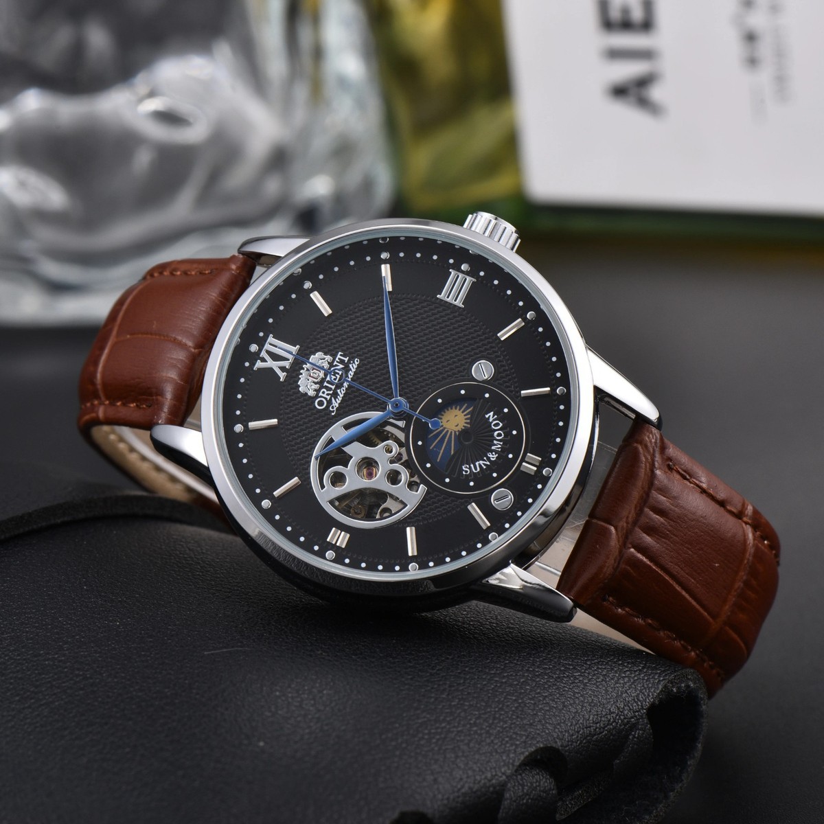 ORIENT Automatic サン＆ムーン レザーベルト Orient Watch Sun & Moon Semi Skeleton Automatic Leather Strap Men