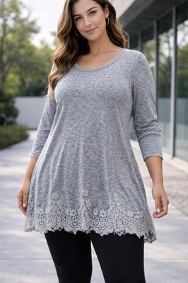 Seven7 Women s 1X Lace Hem Tunic Top Gray Boho Flowy Stretch Comfy Casual Wear