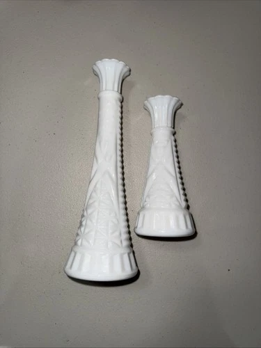 Vintage Anchor Hocking Stars and Bars Milk Glass 9" And 6” Flower Bud Vase Lot