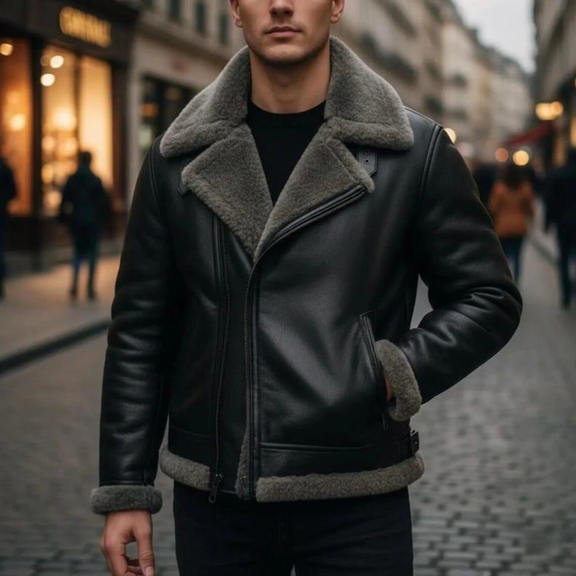 Men's B3 Shearling Sheepskin Leather Jacket Faux Fur Lined Aviator Winter Coat