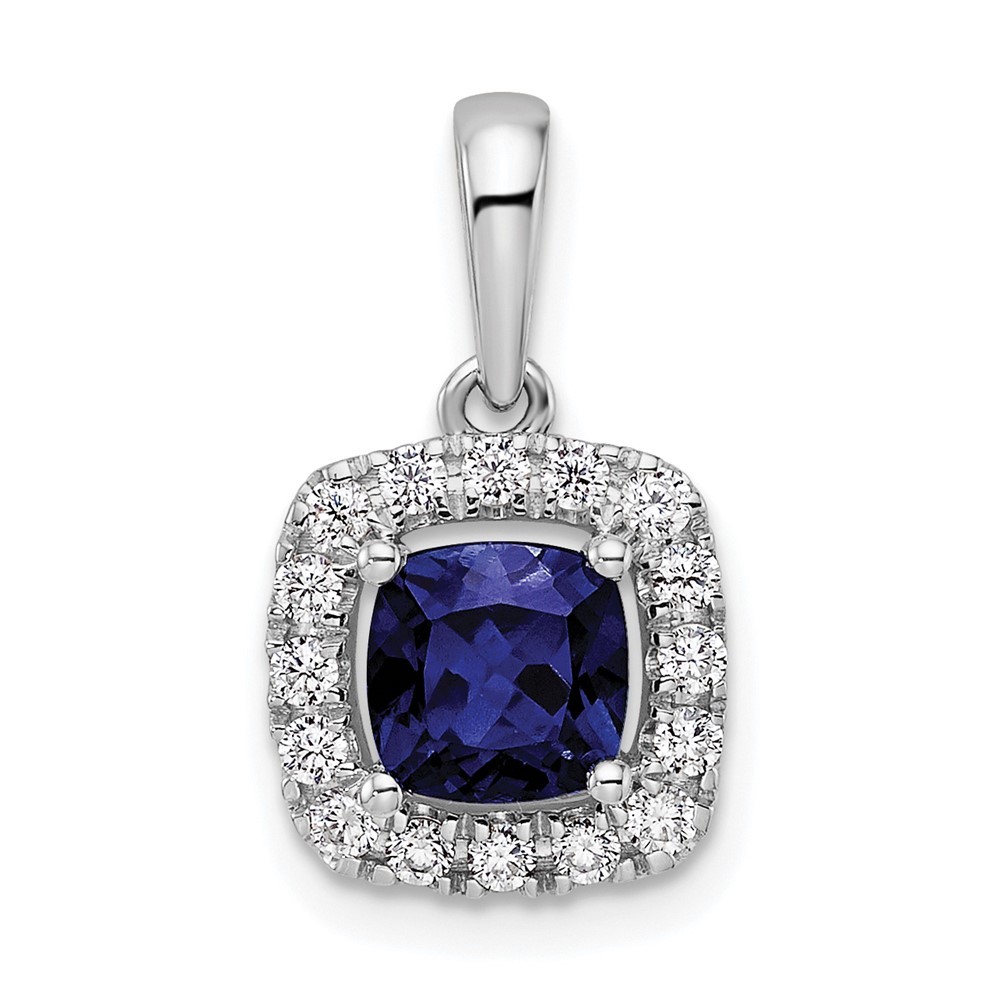 14k White Gold 1/4 Ct Lab Grown Diamond & Lab Created Blue Sapphire Halo Pendant
